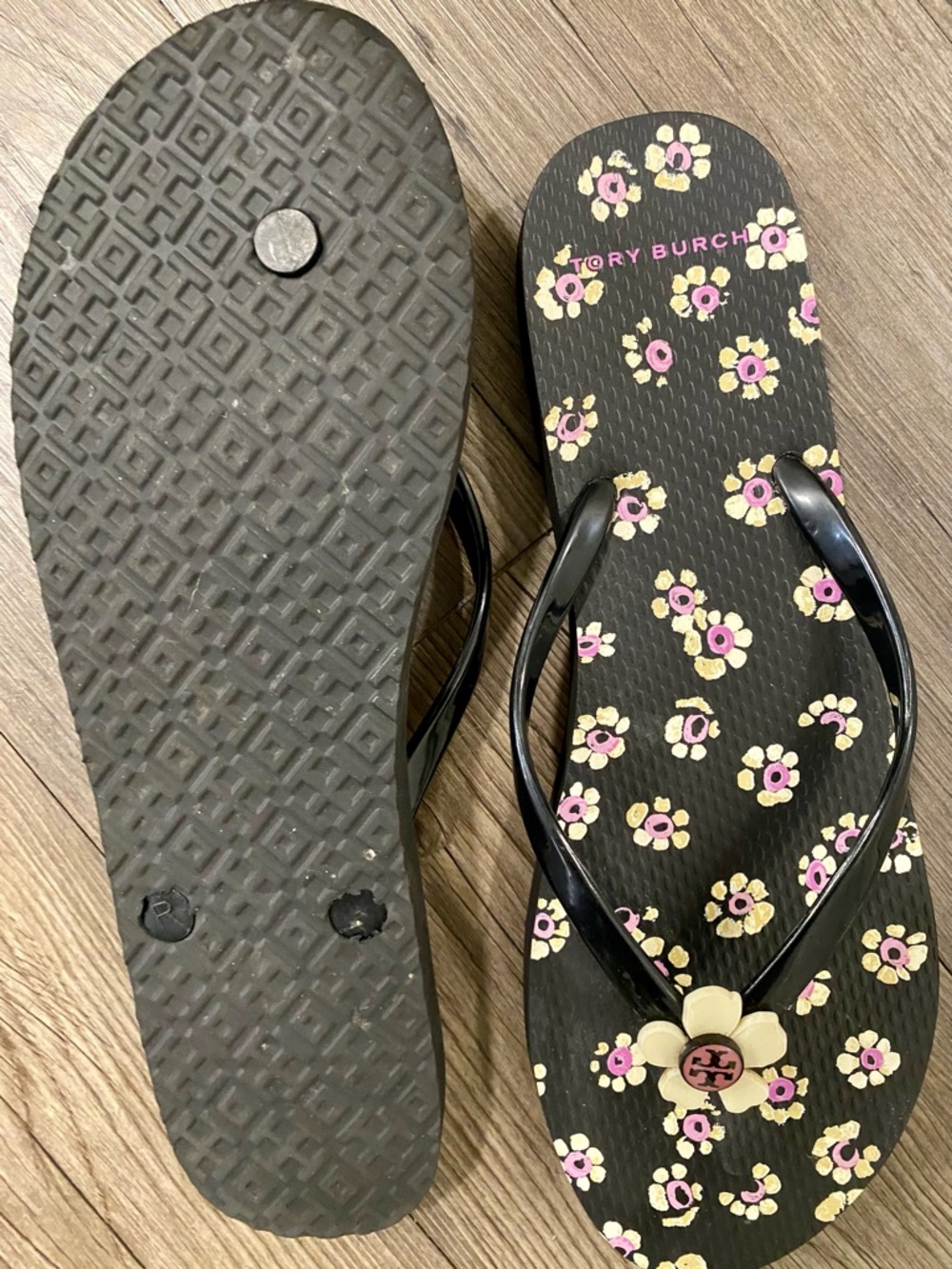 Tory Burch Black Flip Flops with Pink and Cream Floral Accents - Picture 5 of 5